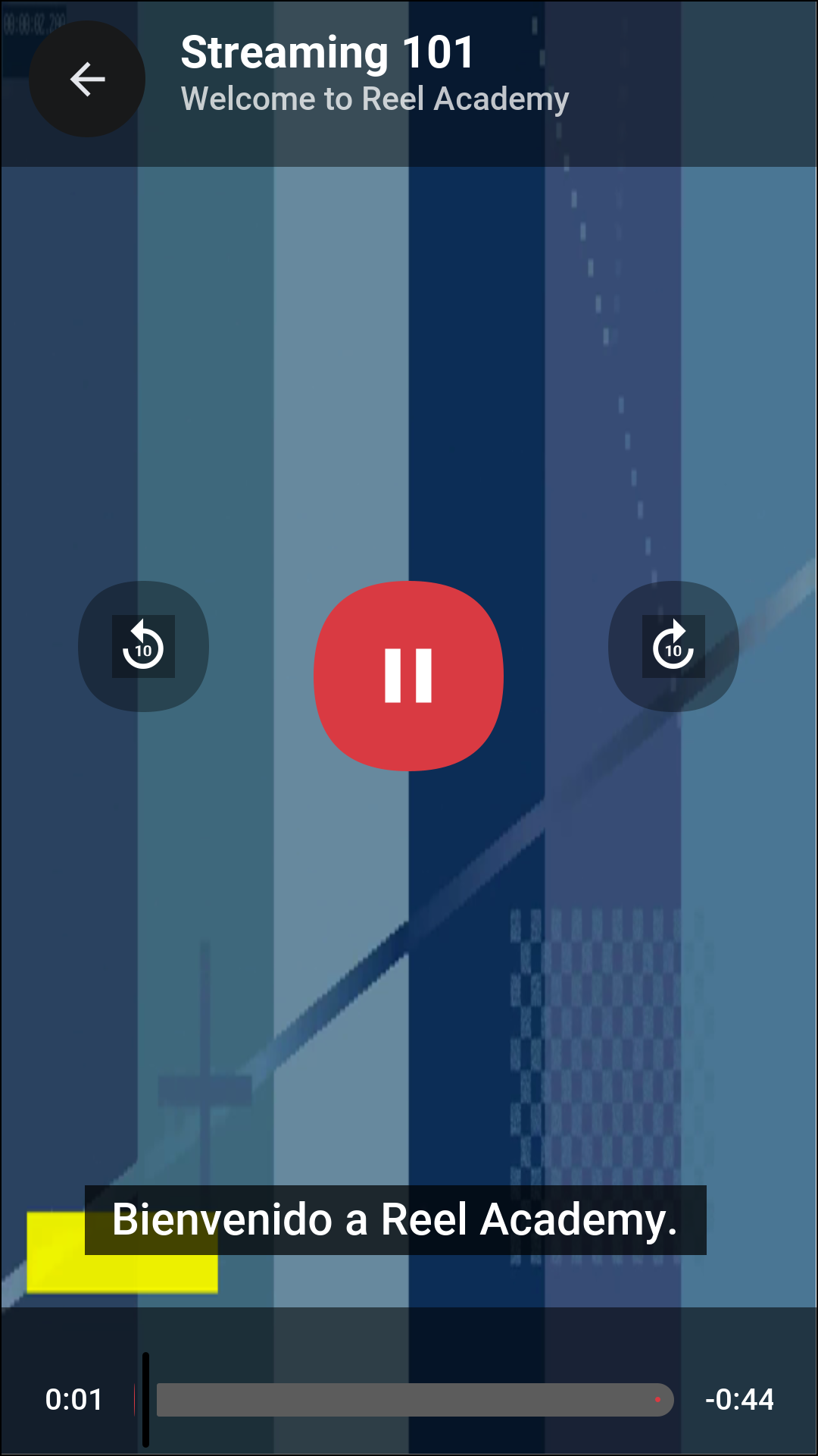 A lesson in the player with the Audio and subtitles sheet open and Spanish chosen among English, Spanish, French and German subtitles